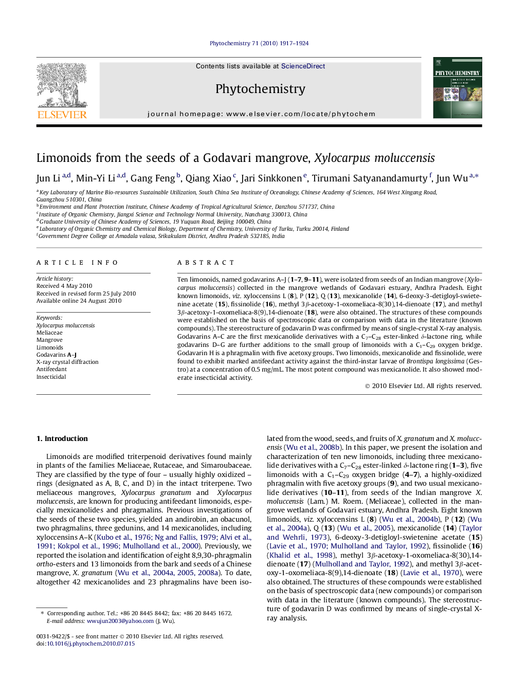 Limonoids from the seeds of a Godavari mangrove, Xylocarpus moluccensis