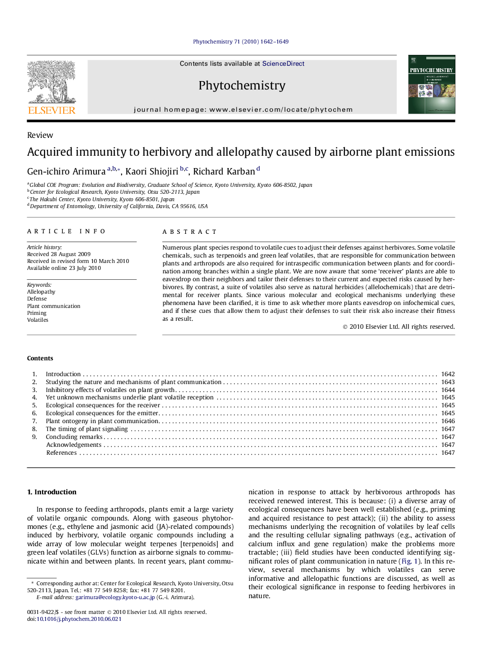 Acquired immunity to herbivory and allelopathy caused by airborne plant emissions