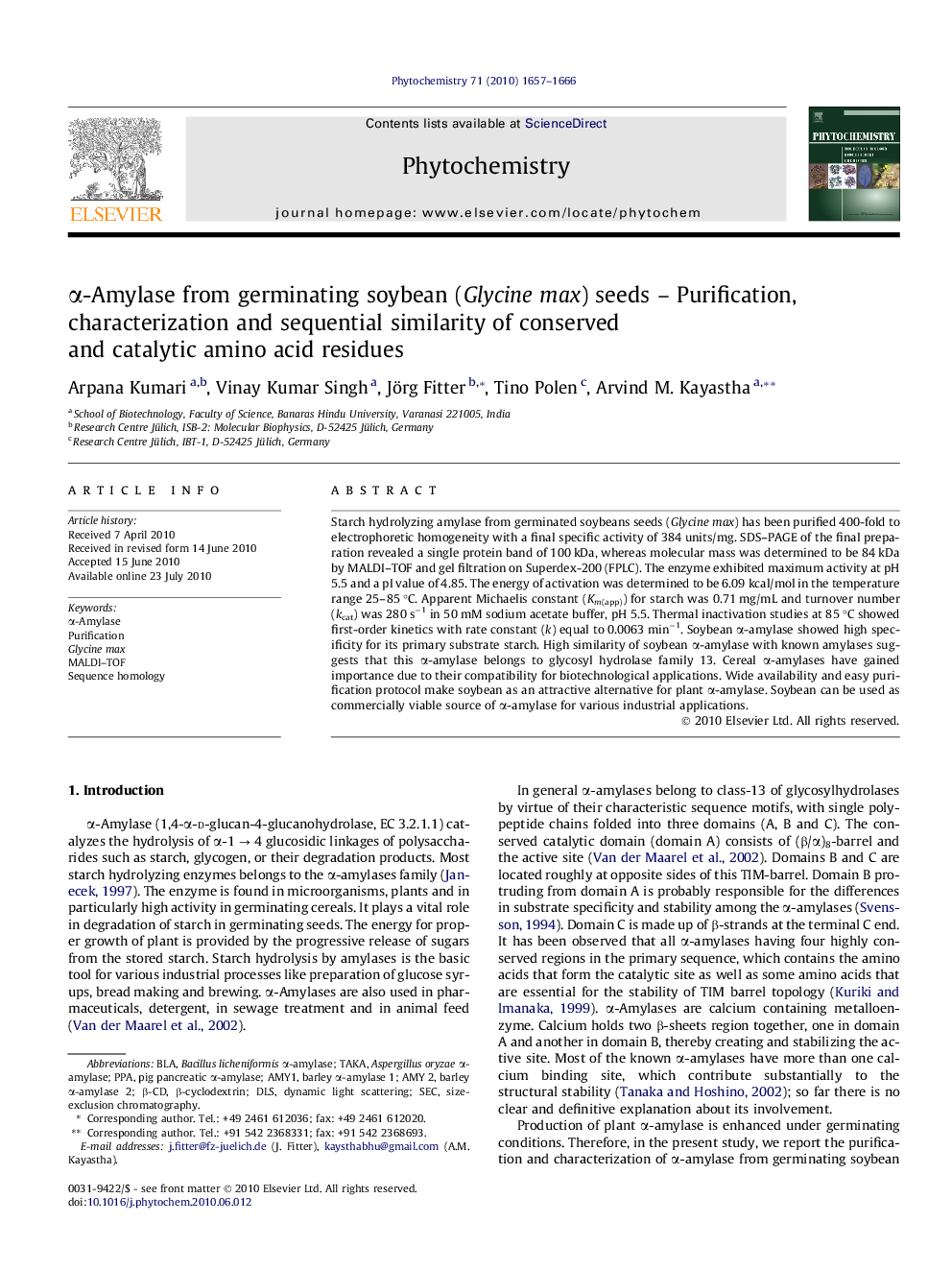 Î±-Amylase from germinating soybean (Glycine max) seeds - Purification, characterization and sequential similarity of conserved and catalytic amino acid residues