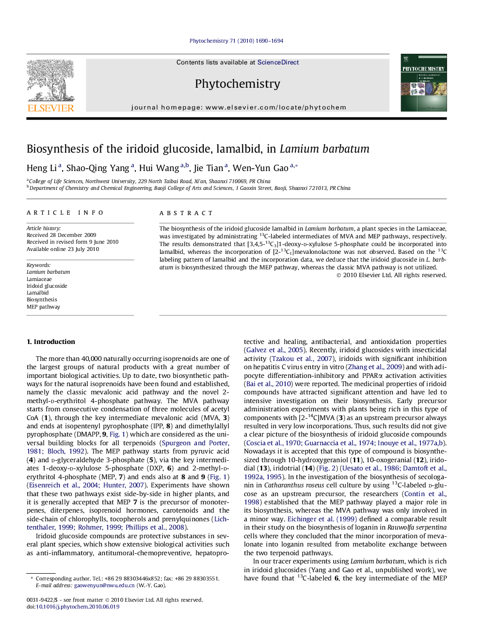 Biosynthesis of the iridoid glucoside, lamalbid, in Lamium barbatum