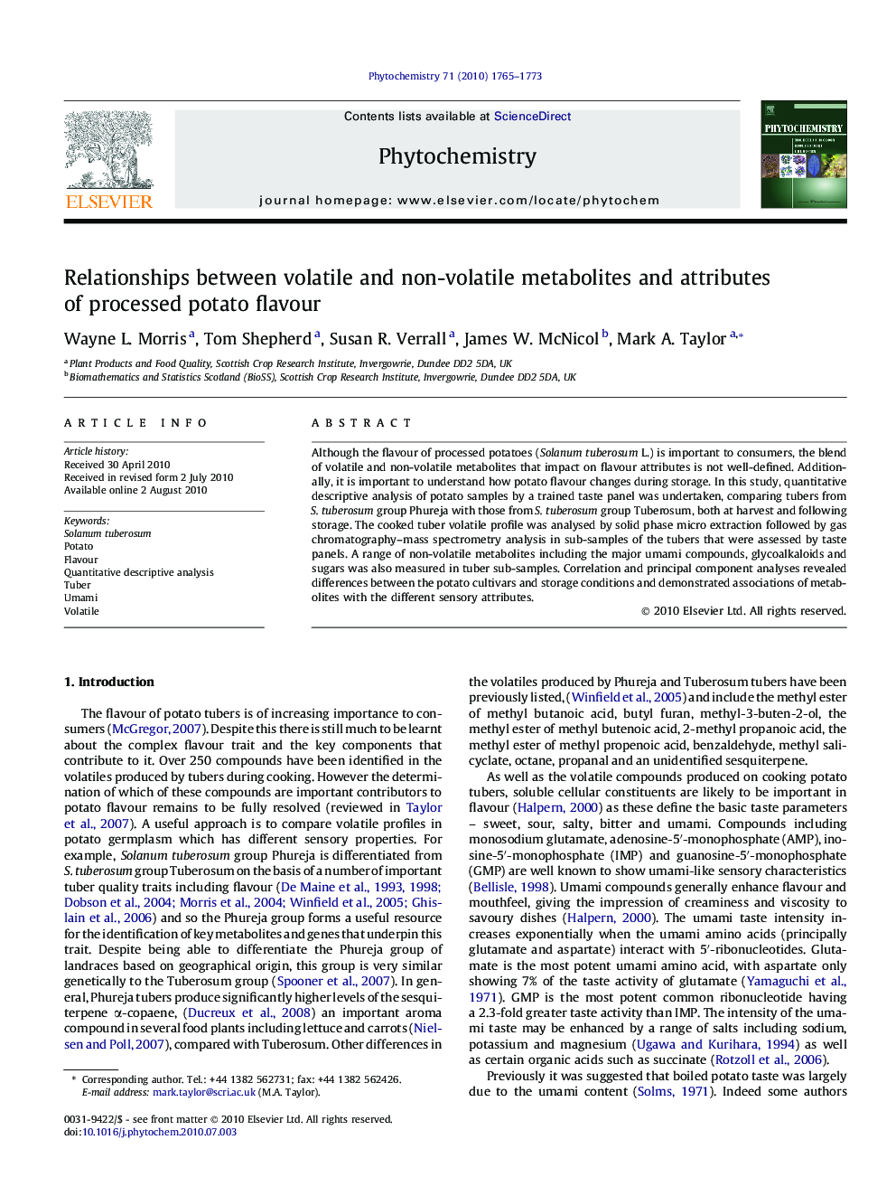 Relationships between volatile and non-volatile metabolites and attributes of processed potato flavour