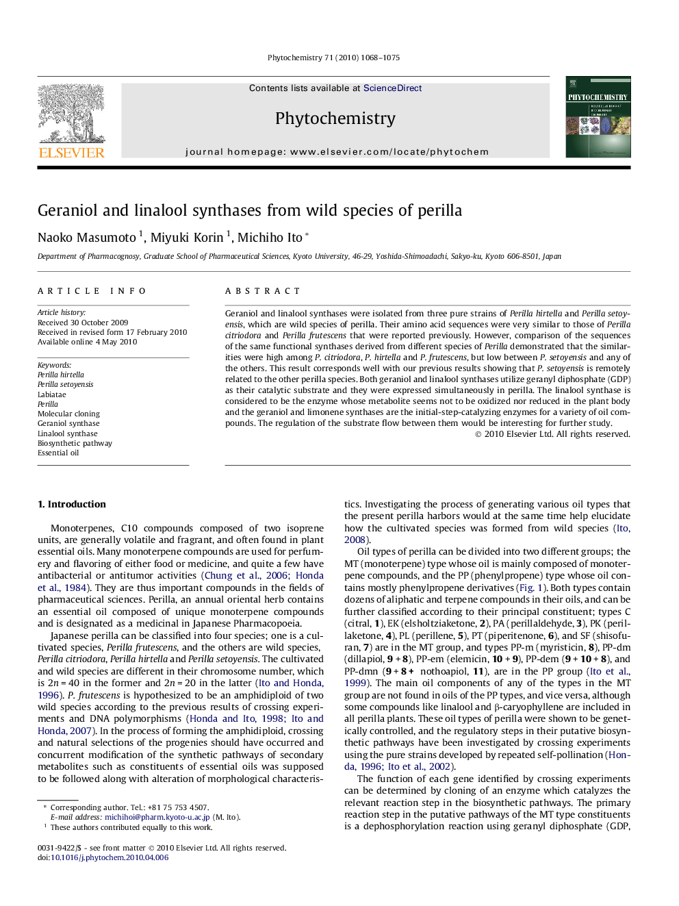 Geraniol and linalool synthases from wild species of perilla