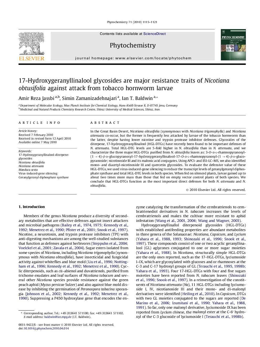 17-Hydroxygeranyllinalool glycosides are major resistance traits of Nicotiana obtusifolia against attack from tobacco hornworm larvae