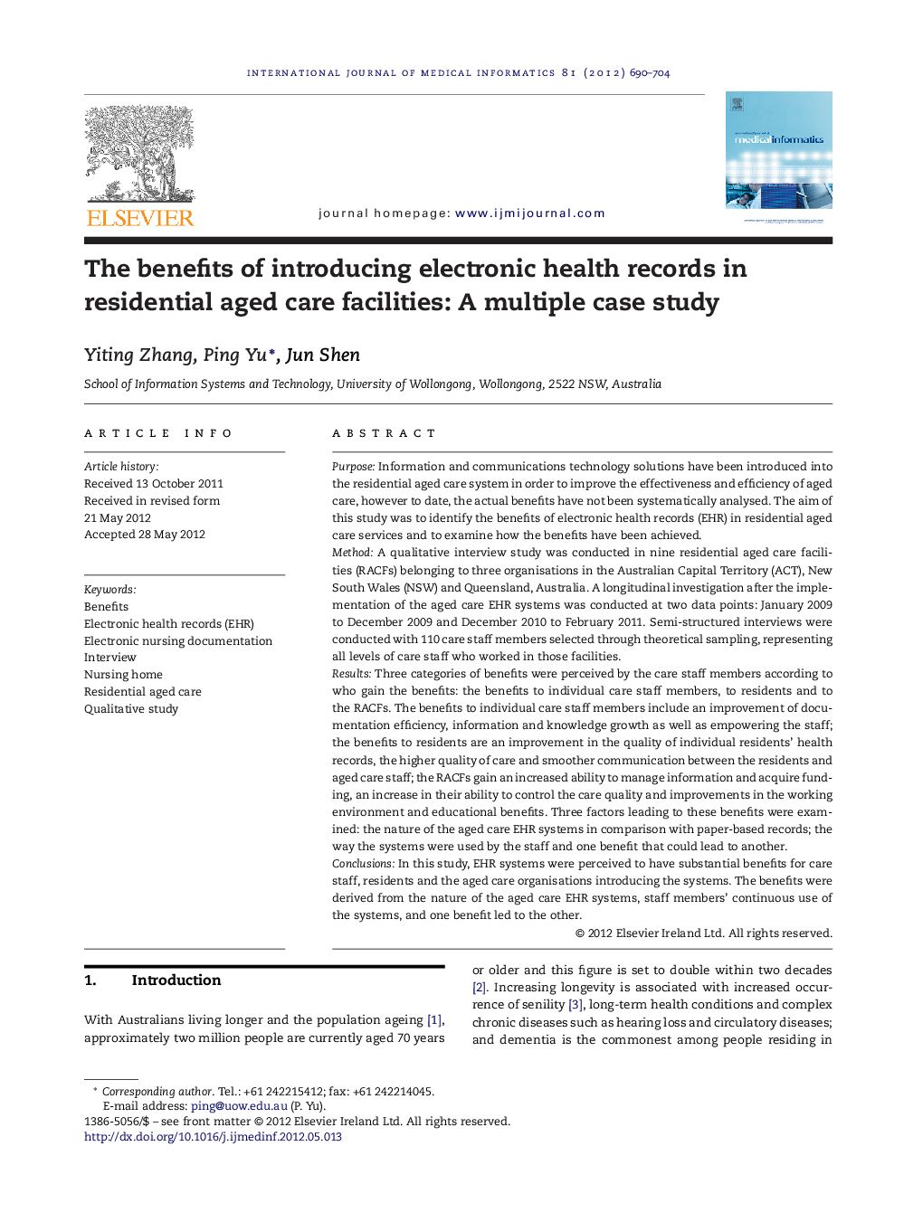 The benefits of introducing electronic health records in residential aged care facilities: A multiple case study