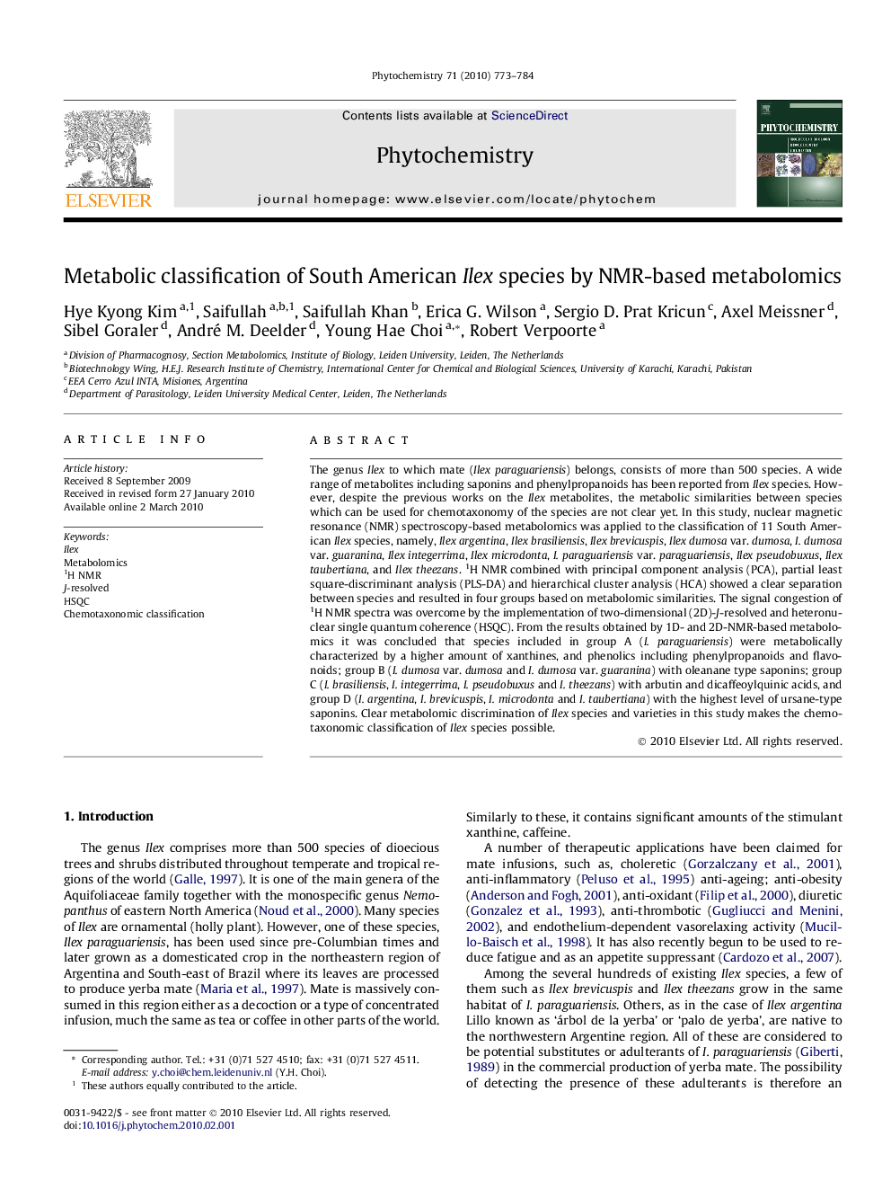 Metabolic classification of South American Ilex species by NMR-based metabolomics