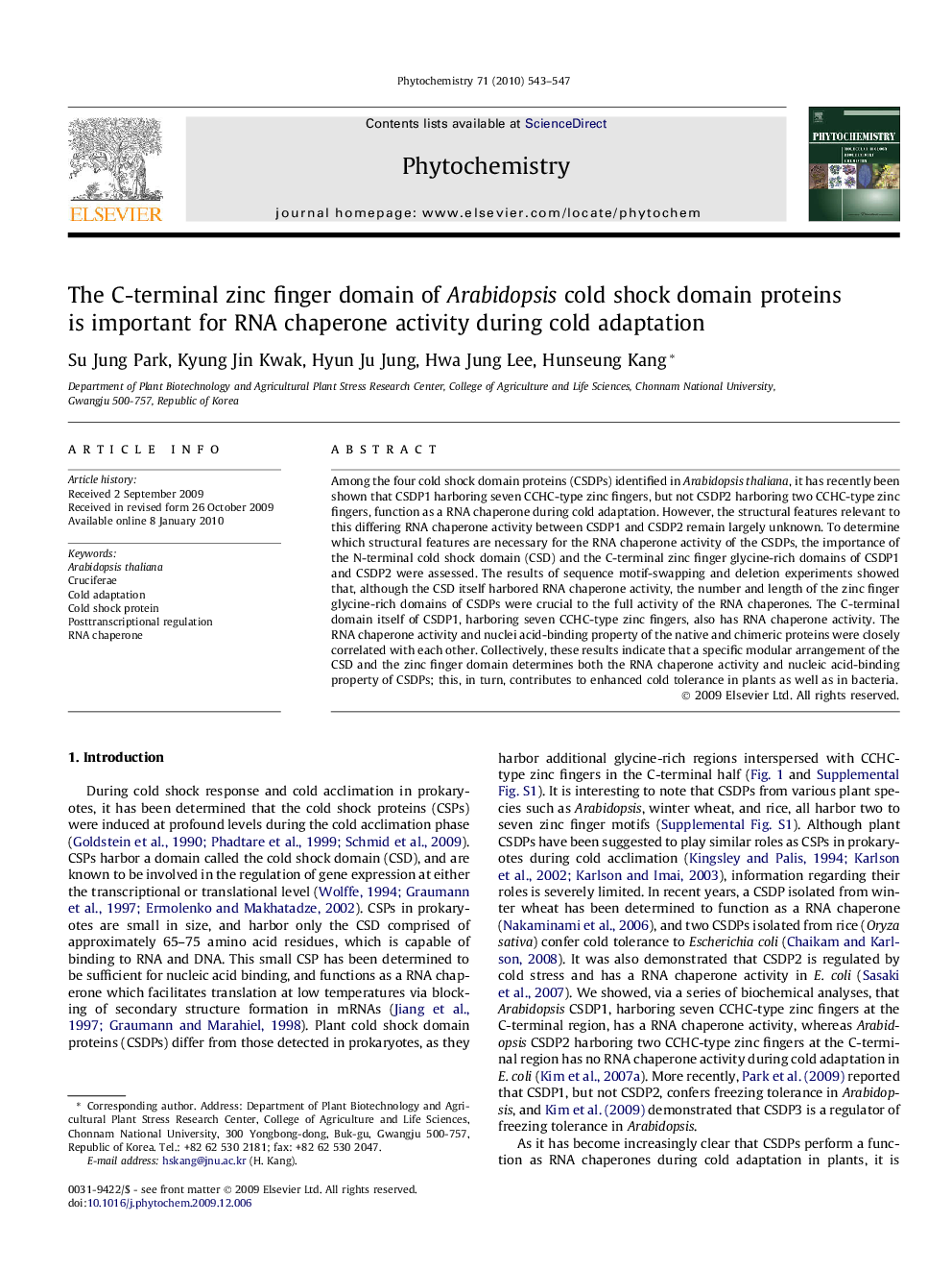 The C-terminal zinc finger domain of Arabidopsis cold shock domain proteins is important for RNA chaperone activity during cold adaptation