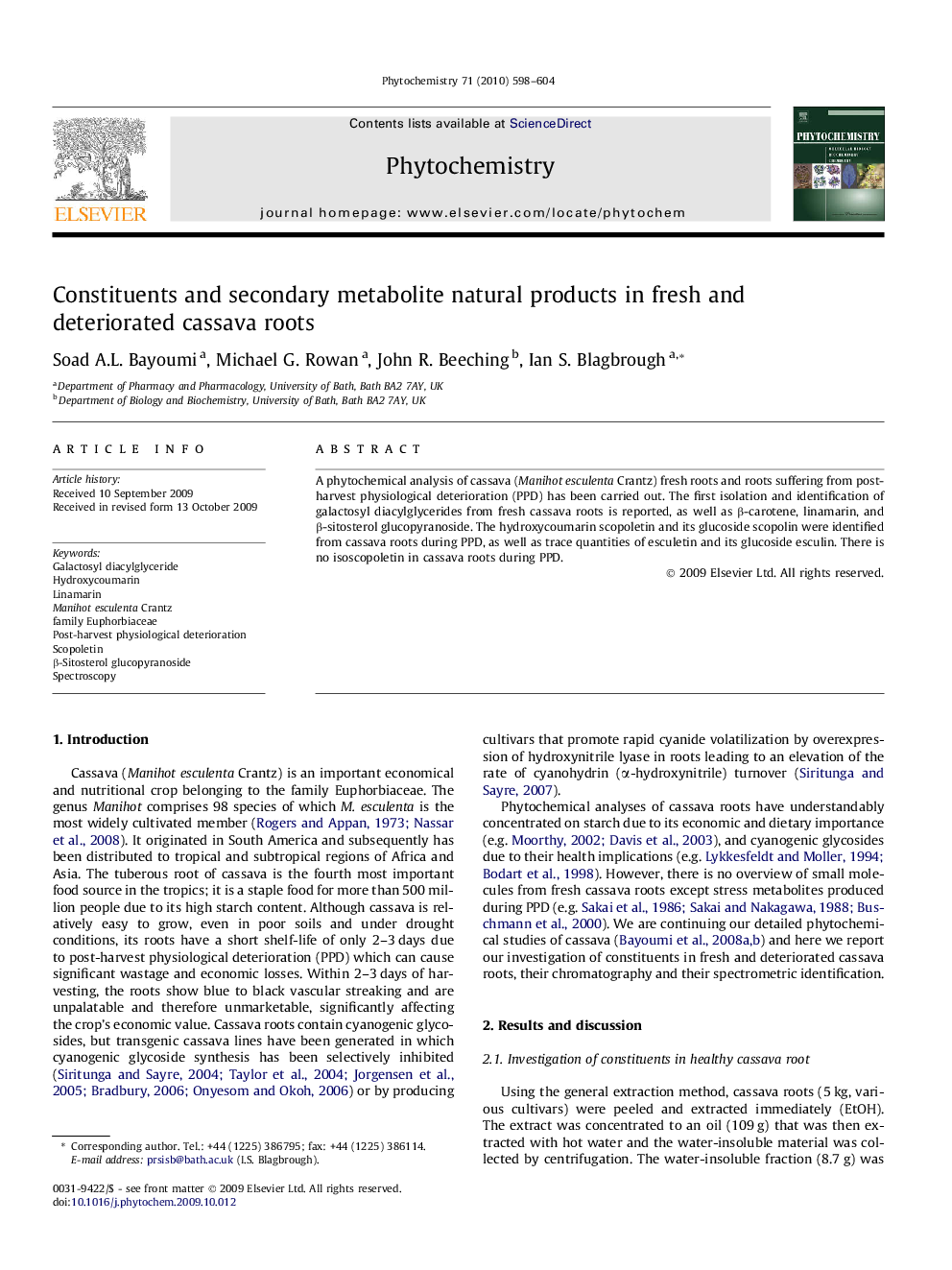 Constituents and secondary metabolite natural products in fresh and deteriorated cassava roots