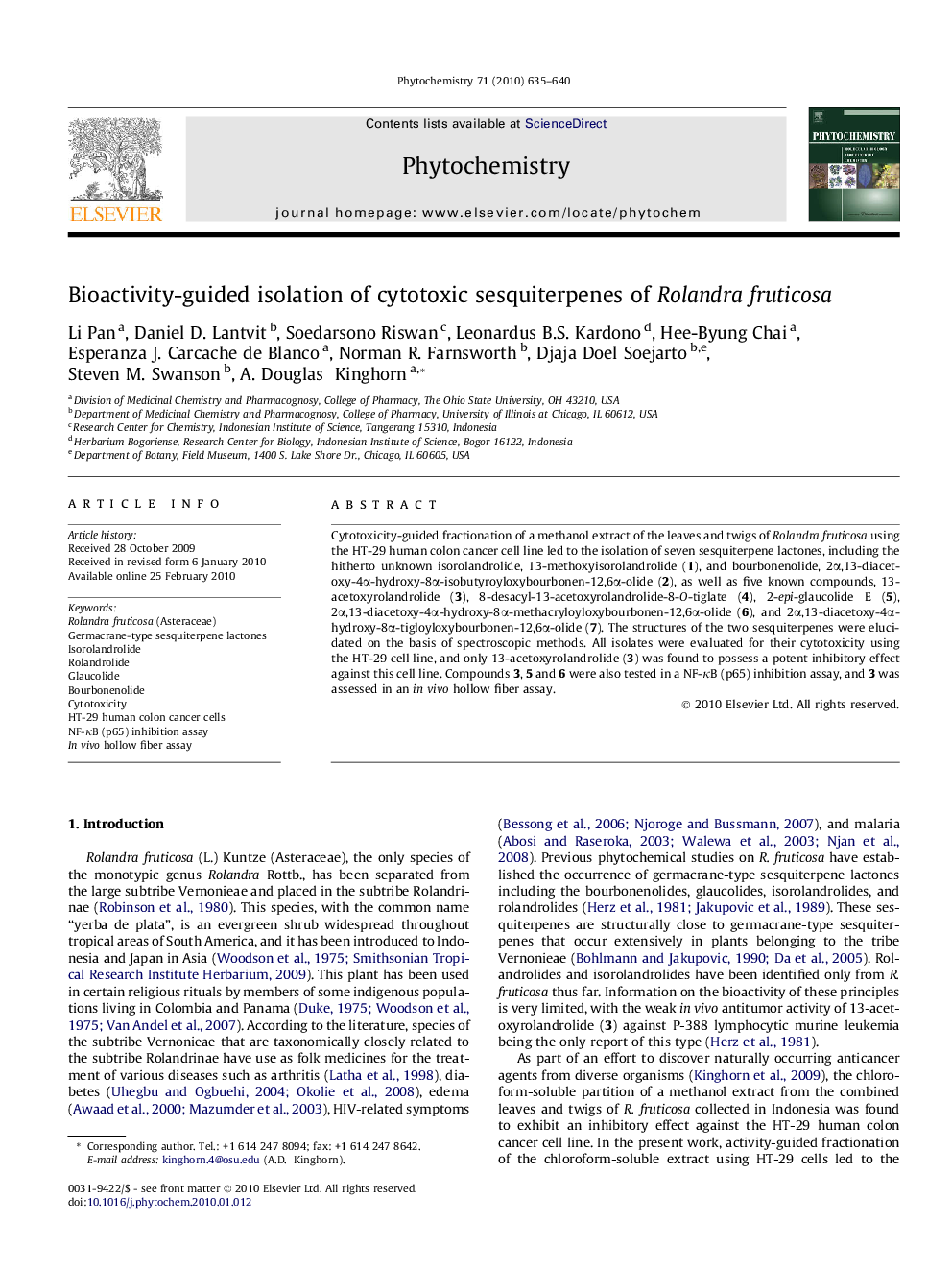 عکس صفحه اول مقاله: Bioactivity-guided isolation of cytotoxic sesquiterpenes of Rolandra fruticosa Bioactivity-guided isolation of cytotoxic sesquiterpenes of Rolandra fruticosa