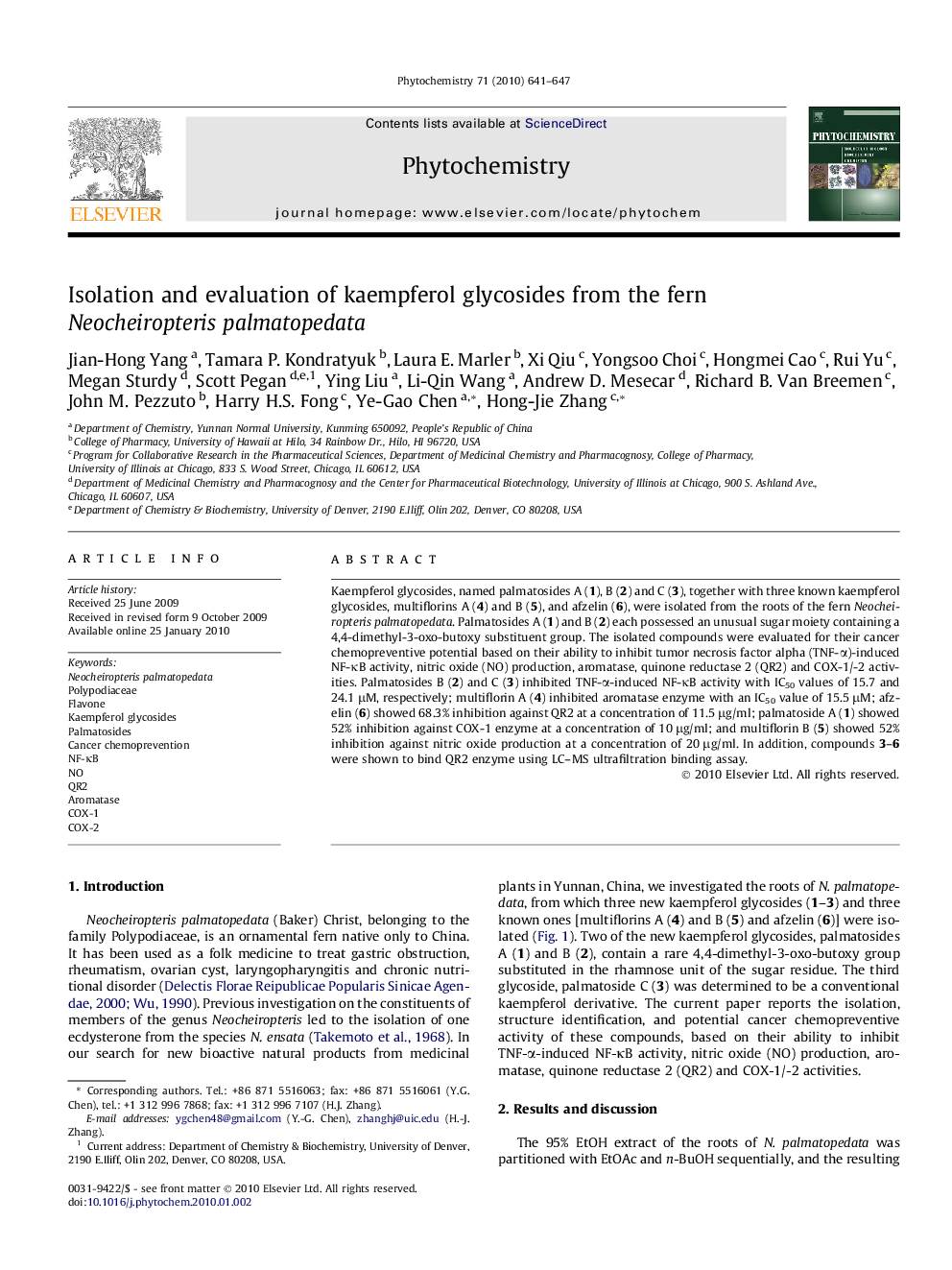 Isolation and evaluation of kaempferol glycosides from the fern Neocheiropteris palmatopedata