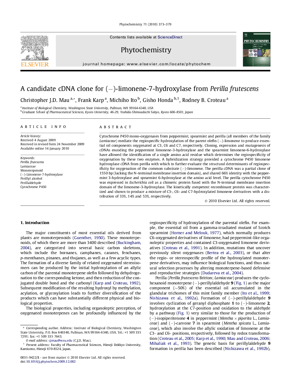 A candidate cDNA clone for (â)-limonene-7-hydroxylase from Perilla frutescens