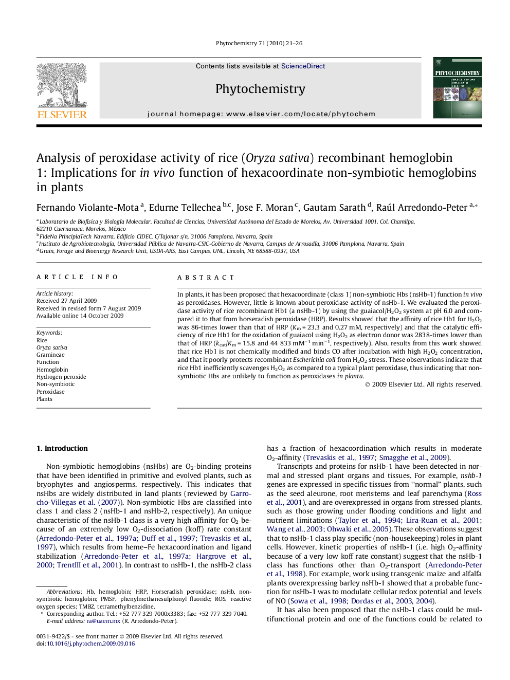 Analysis of peroxidase activity of rice (Oryza sativa) recombinant hemoglobin 1: Implications for in vivo function of hexacoordinate non-symbiotic hemoglobins in plants