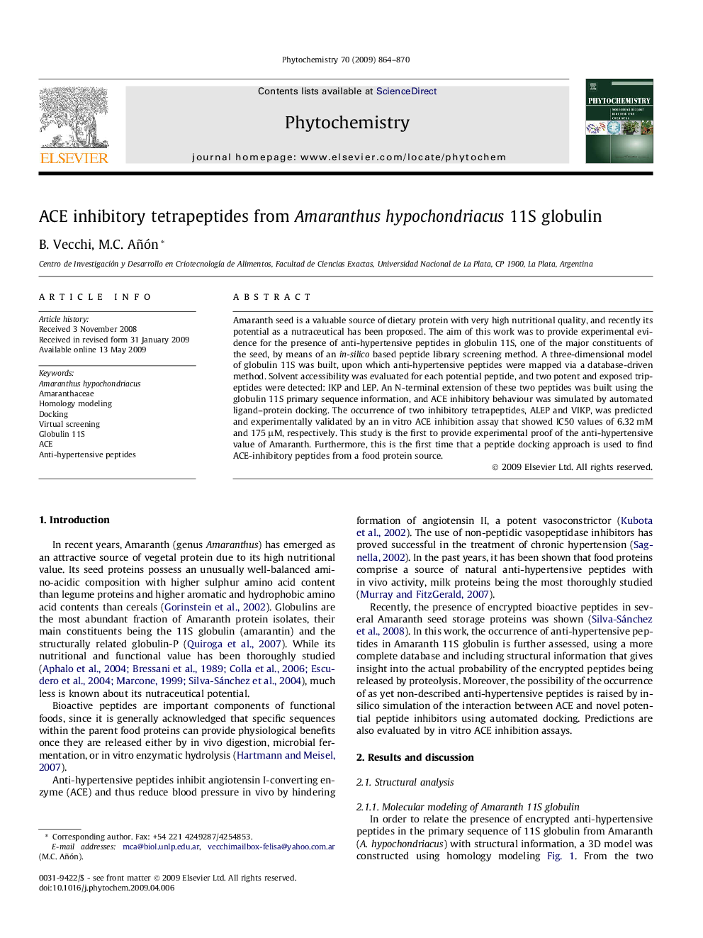 ACE inhibitory tetrapeptides from Amaranthus hypochondriacus 11S globulin