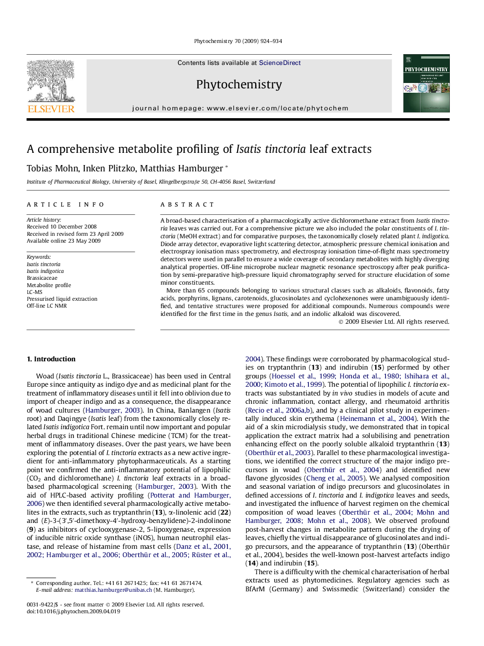 عکس صفحه اول مقاله: A comprehensive metabolite profiling of Isatis tinctoria leaf extracts A comprehensive metabolite profiling of Isatis tinctoria leaf extracts