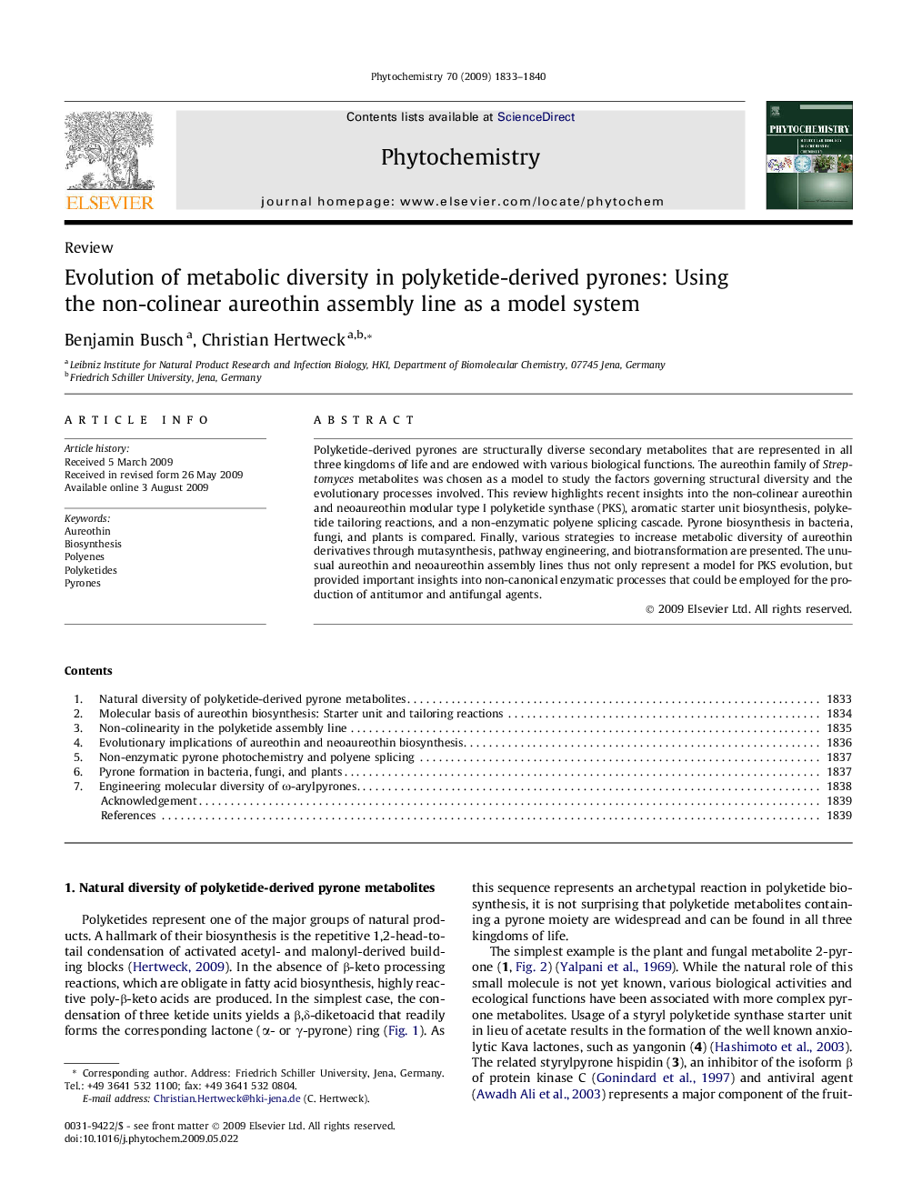 Evolution of metabolic diversity in polyketide-derived pyrones: Using the non-colinear aureothin assembly line as a model system