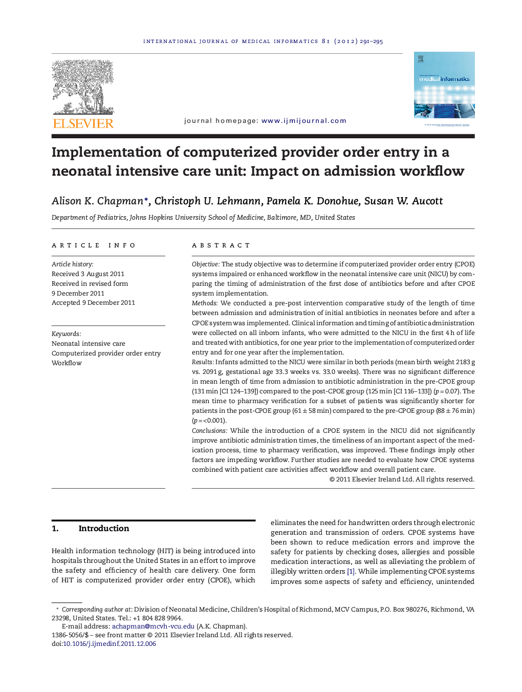 Implementation of computerized provider order entry in a neonatal intensive care unit: Impact on admission workflow