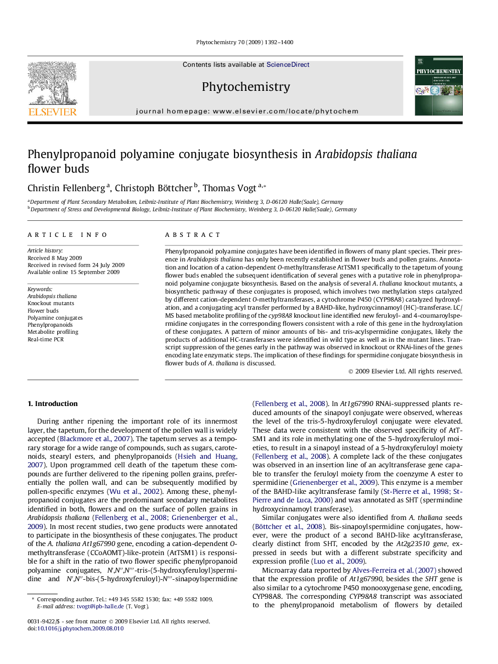 Phenylpropanoid polyamine conjugate biosynthesis in Arabidopsis thaliana flower buds