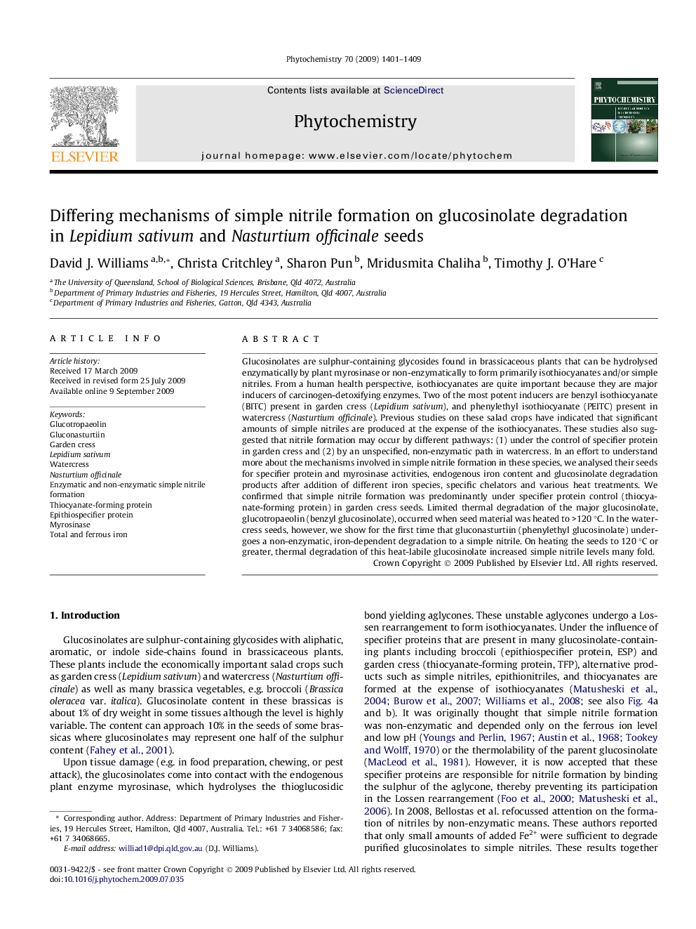 Differing mechanisms of simple nitrile formation on glucosinolate degradation in Lepidium sativum and Nasturtium officinale seeds