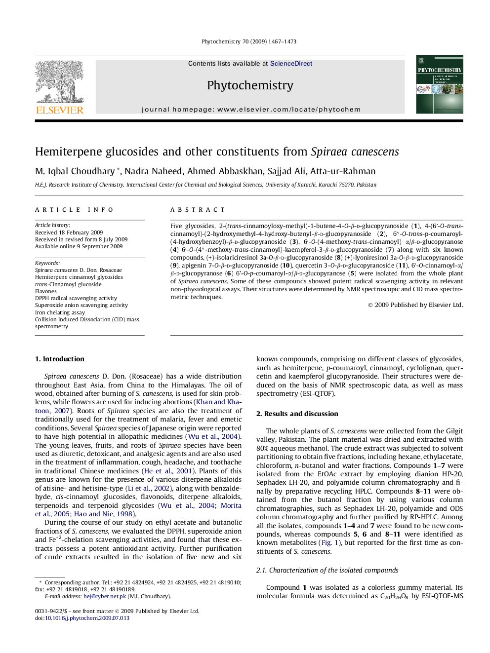 Hemiterpene glucosides and other constituents from Spiraea canescens