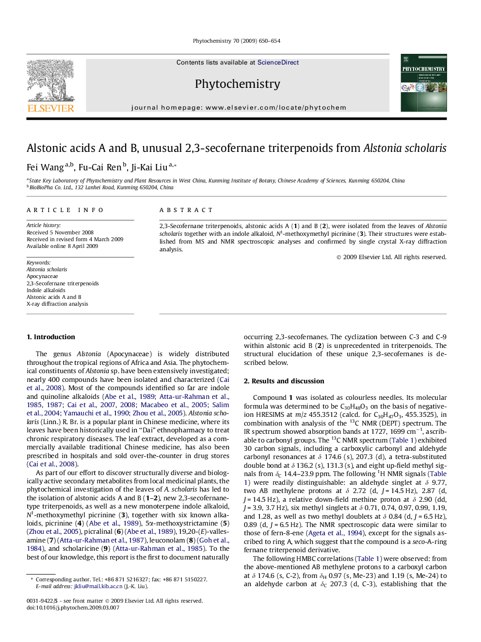 Alstonic acids A and B, unusual 2,3-secofernane triterpenoids from Alstonia scholaris