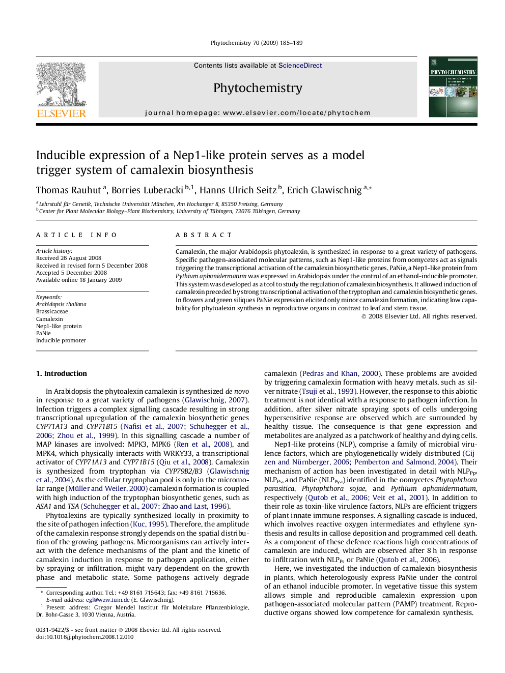 Inducible expression of a Nep1-like protein serves as a model trigger system of camalexin biosynthesis