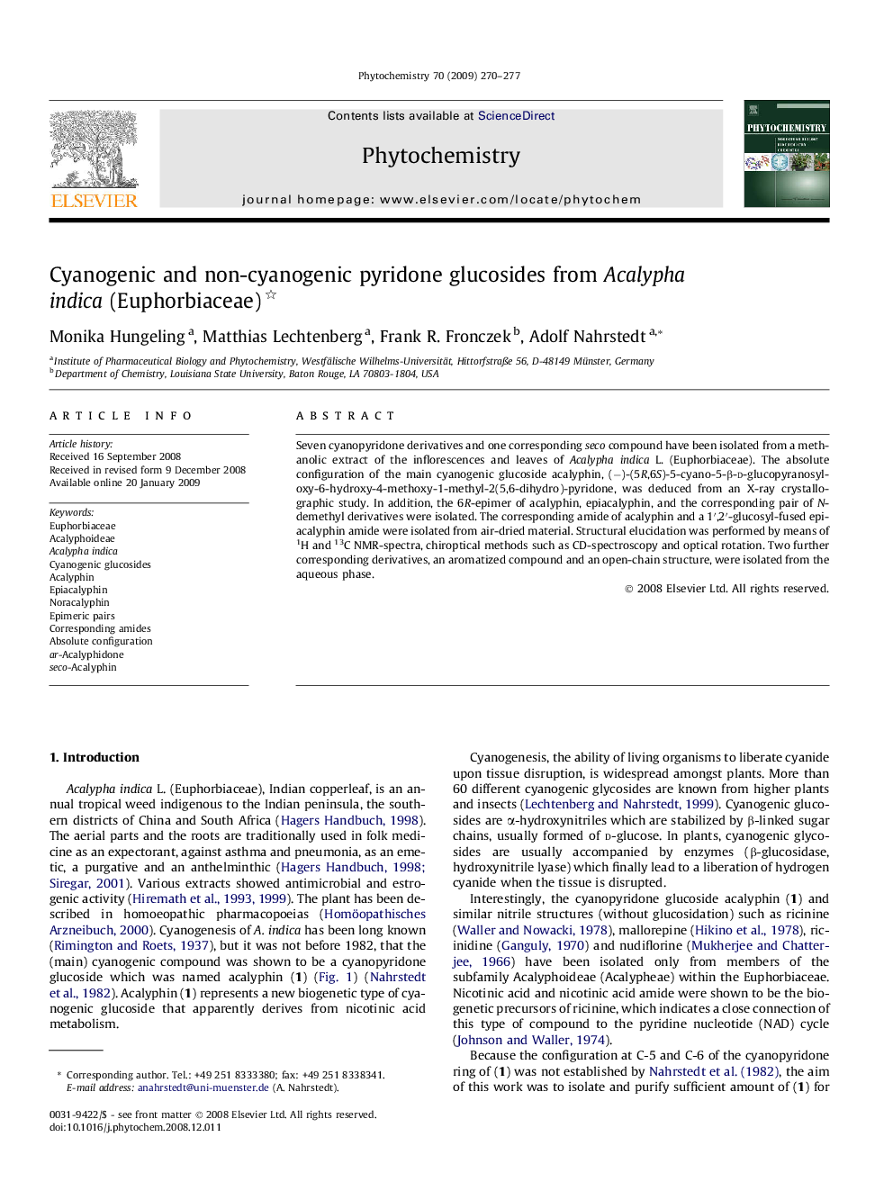 Cyanogenic and non-cyanogenic pyridone glucosides from Acalypha indica (Euphorbiaceae)