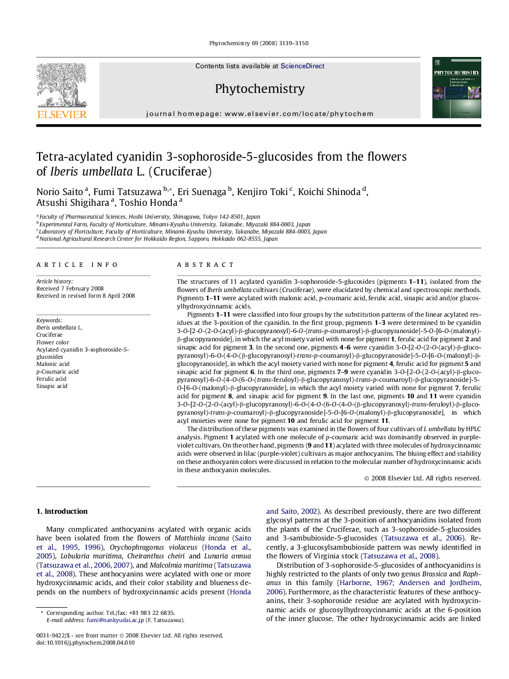 Tetra-acylated cyanidin 3-sophoroside-5-glucosides from the flowers of Iberis umbellata L. (Cruciferae)