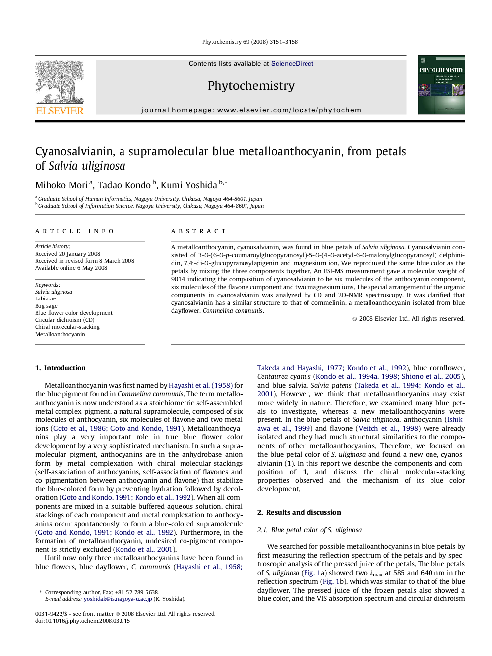 Cyanosalvianin, a supramolecular blue metalloanthocyanin, from petals of Salvia uliginosa