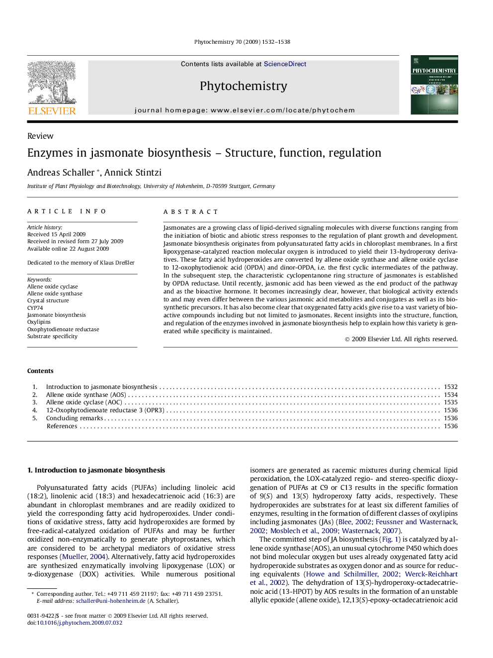 Enzymes in jasmonate biosynthesis - Structure, function, regulation