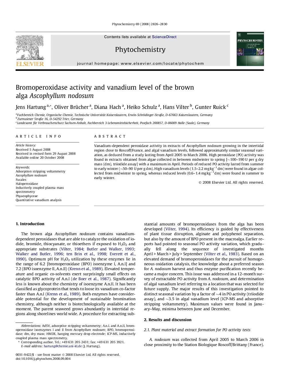 Bromoperoxidase activity and vanadium level of the brown alga Ascophyllum nodosum