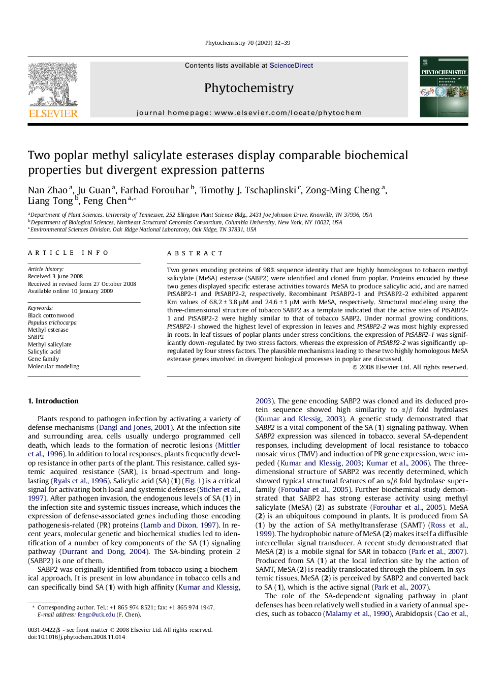 Two poplar methyl salicylate esterases display comparable biochemical properties but divergent expression patterns