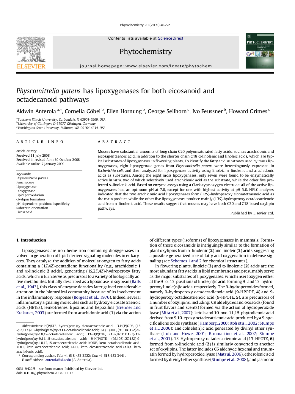 Physcomitrella patens has lipoxygenases for both eicosanoid and octadecanoid pathways