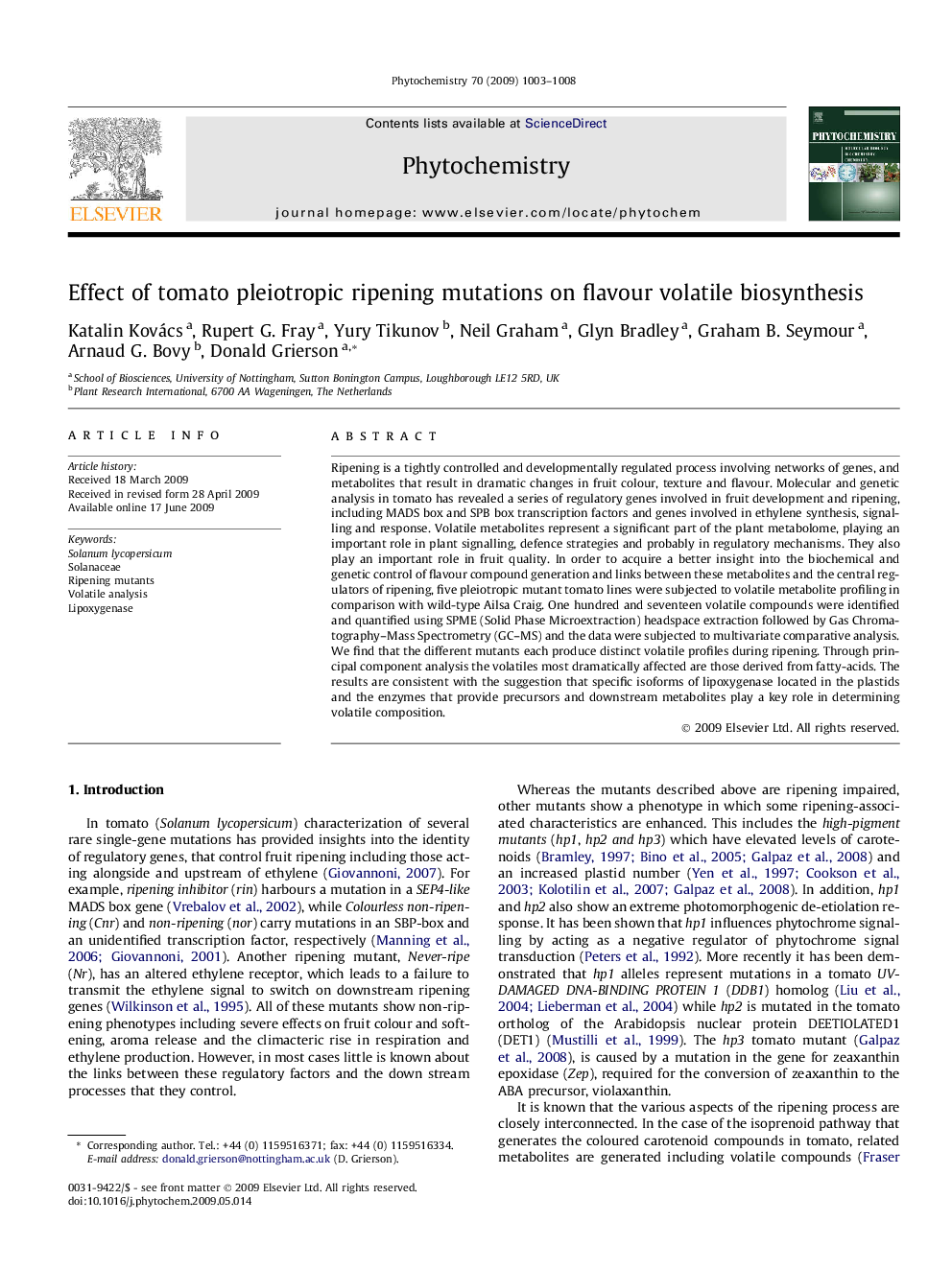 Effect of tomato pleiotropic ripening mutations on flavour volatile biosynthesis