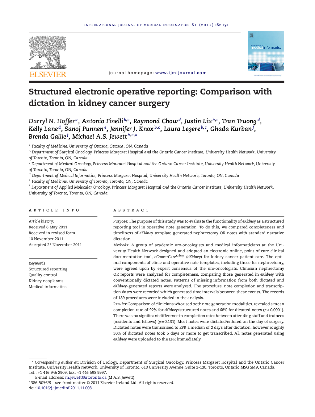 Structured electronic operative reporting: Comparison with dictation in kidney cancer surgery