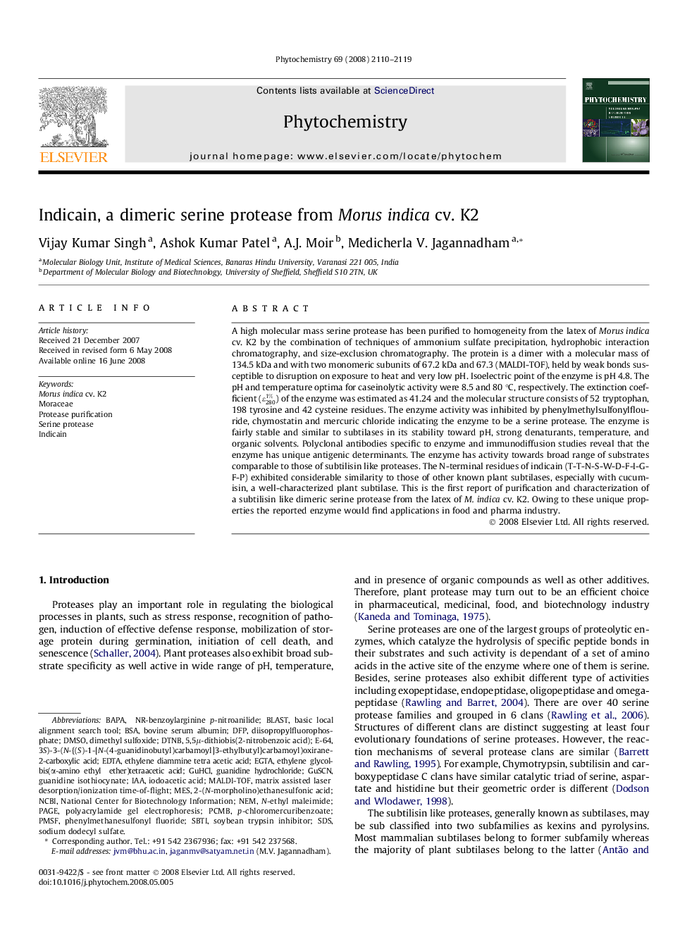 Indicain, a dimeric serine protease from Morus indica cv. K2