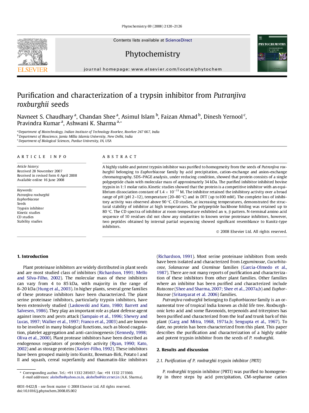 Purification and characterization of a trypsin inhibitor from Putranjiva roxburghii seeds