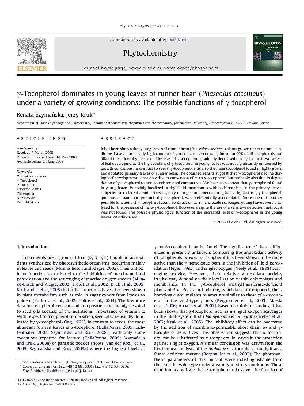 Î³-Tocopherol dominates in young leaves of runner bean (Phaseolus coccineus) under a variety of growing conditions: The possible functions of Î³-tocopherol