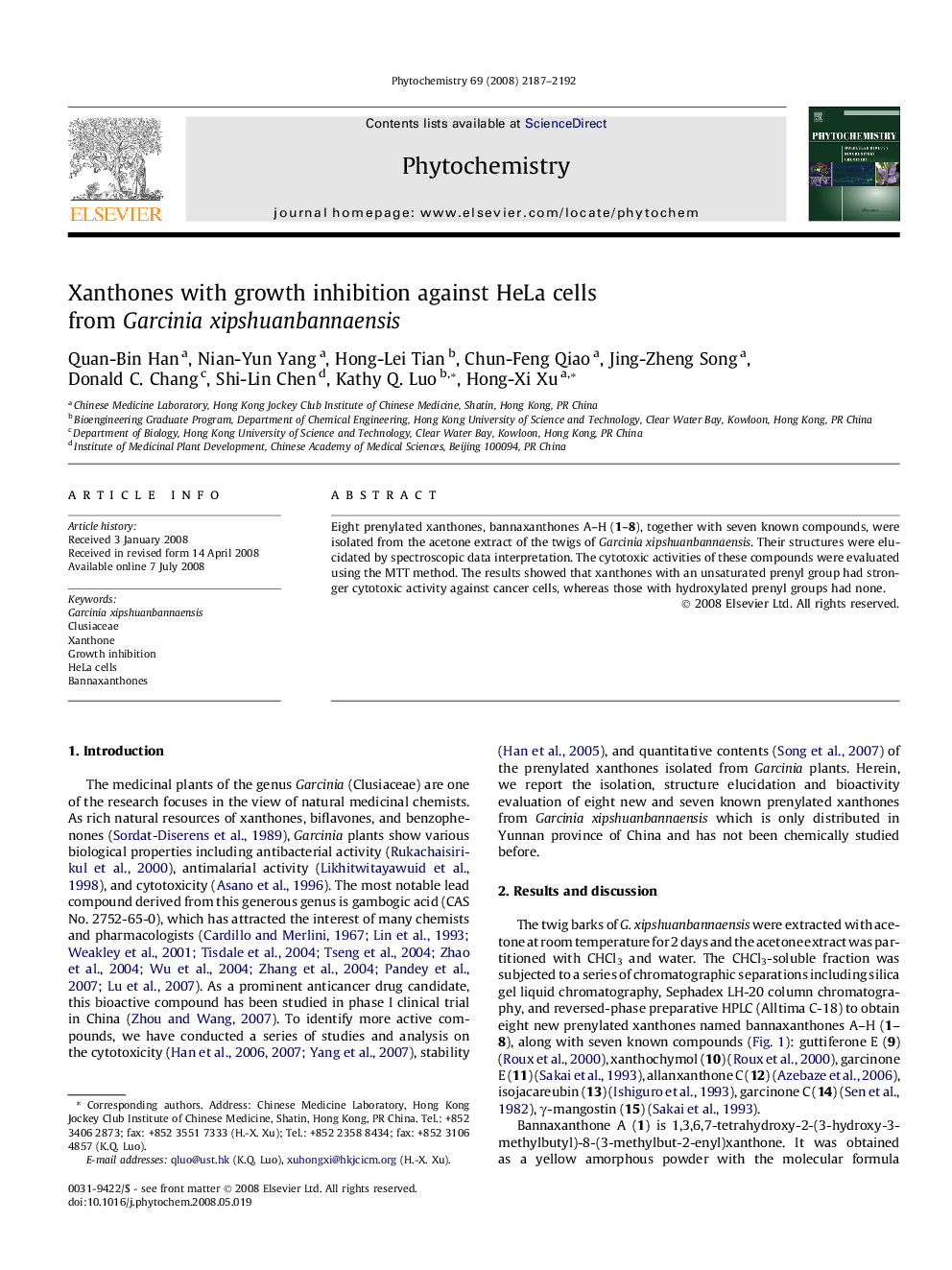 Xanthones with growth inhibition against HeLa cells from Garcinia xipshuanbannaensis