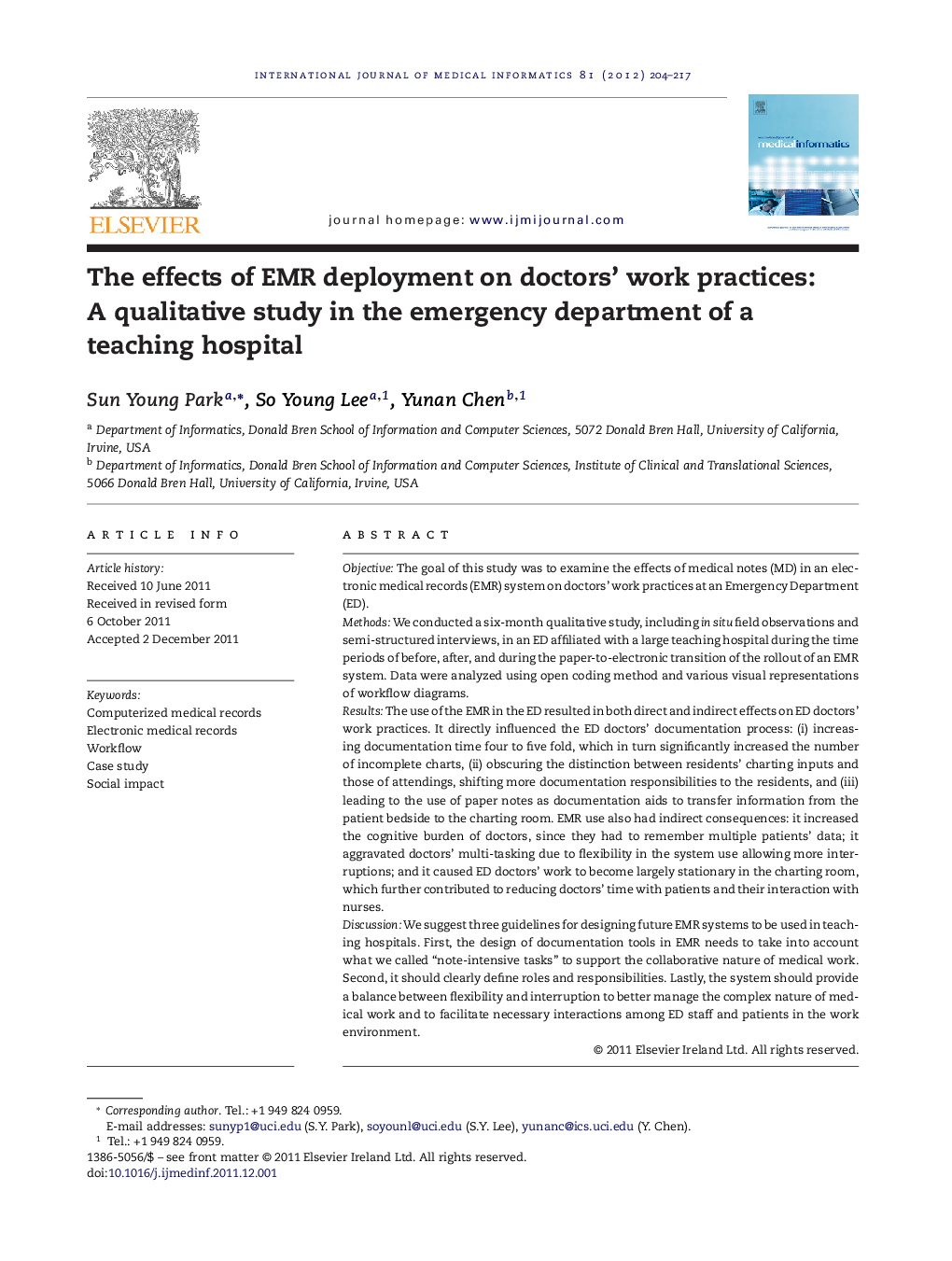 The effects of EMR deployment on doctors’ work practices: A qualitative study in the emergency department of a teaching hospital