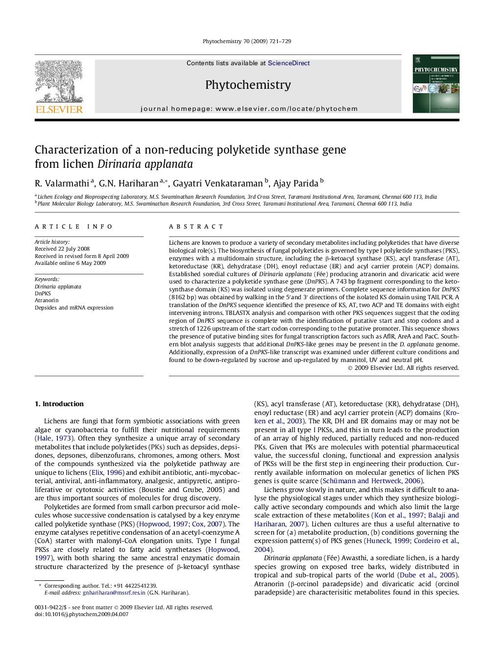 Characterization of a non-reducing polyketide synthase gene from lichen Dirinaria applanata