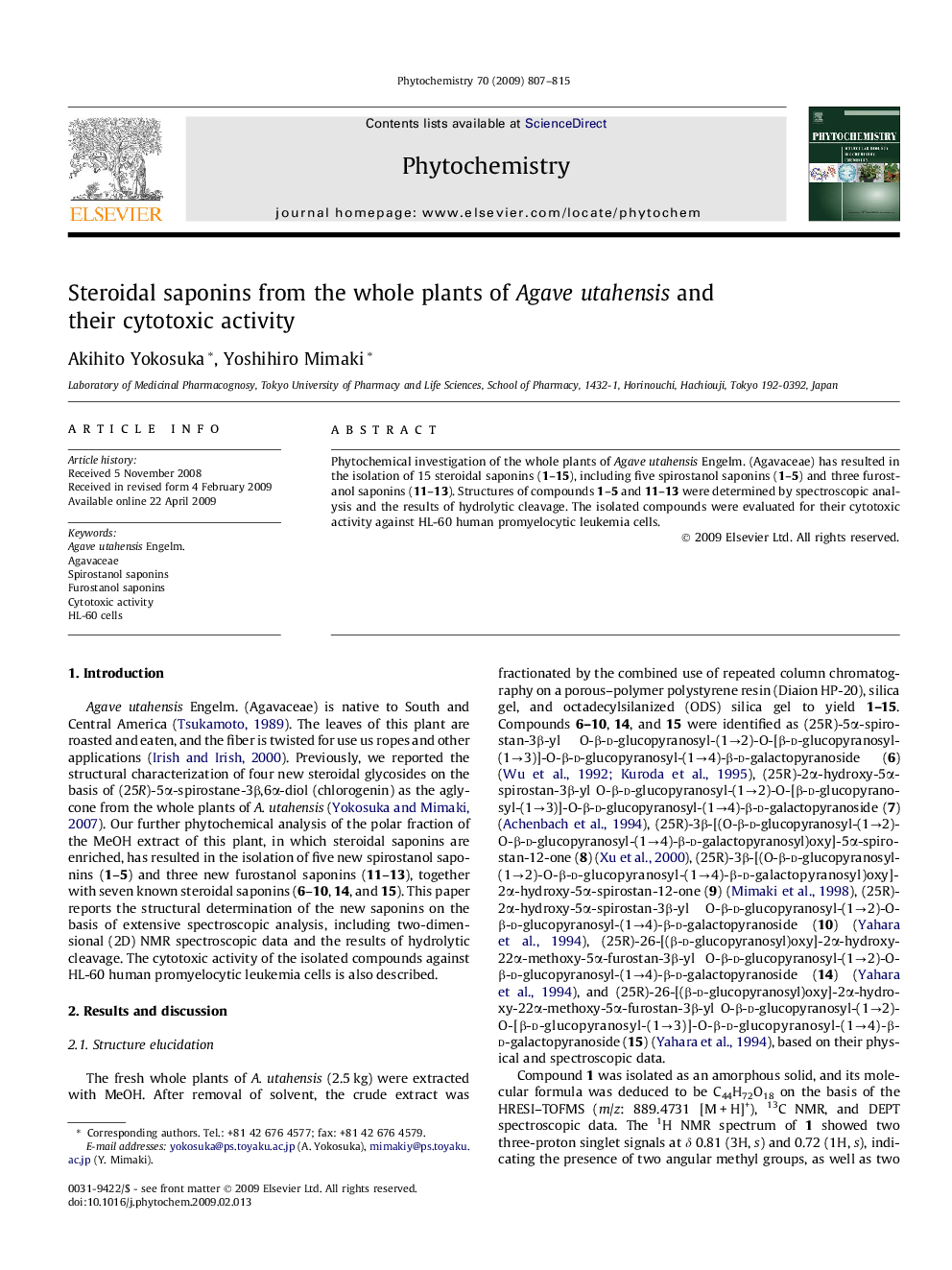 Steroidal saponins from the whole plants of Agave utahensis and their cytotoxic activity