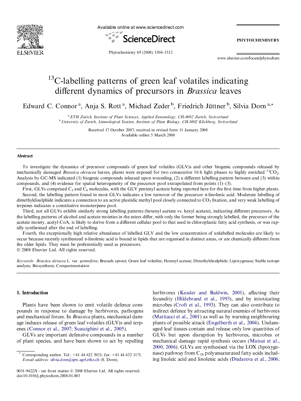 13C-labelling patterns of green leaf volatiles indicating different dynamics of precursors in Brassica leaves