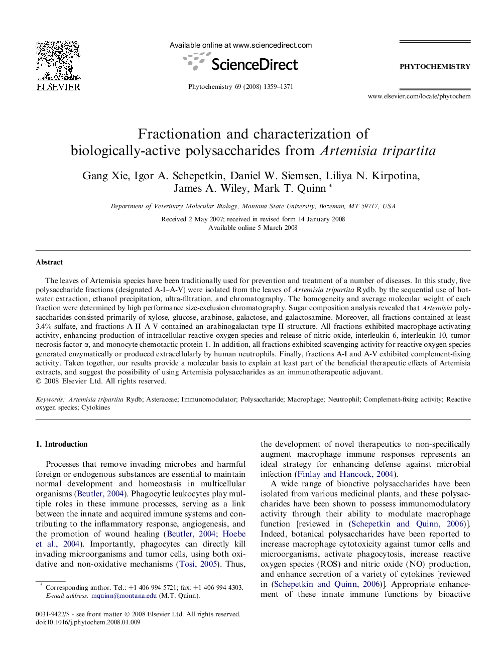 Fractionation and characterization of biologically-active polysaccharides from Artemisia tripartita