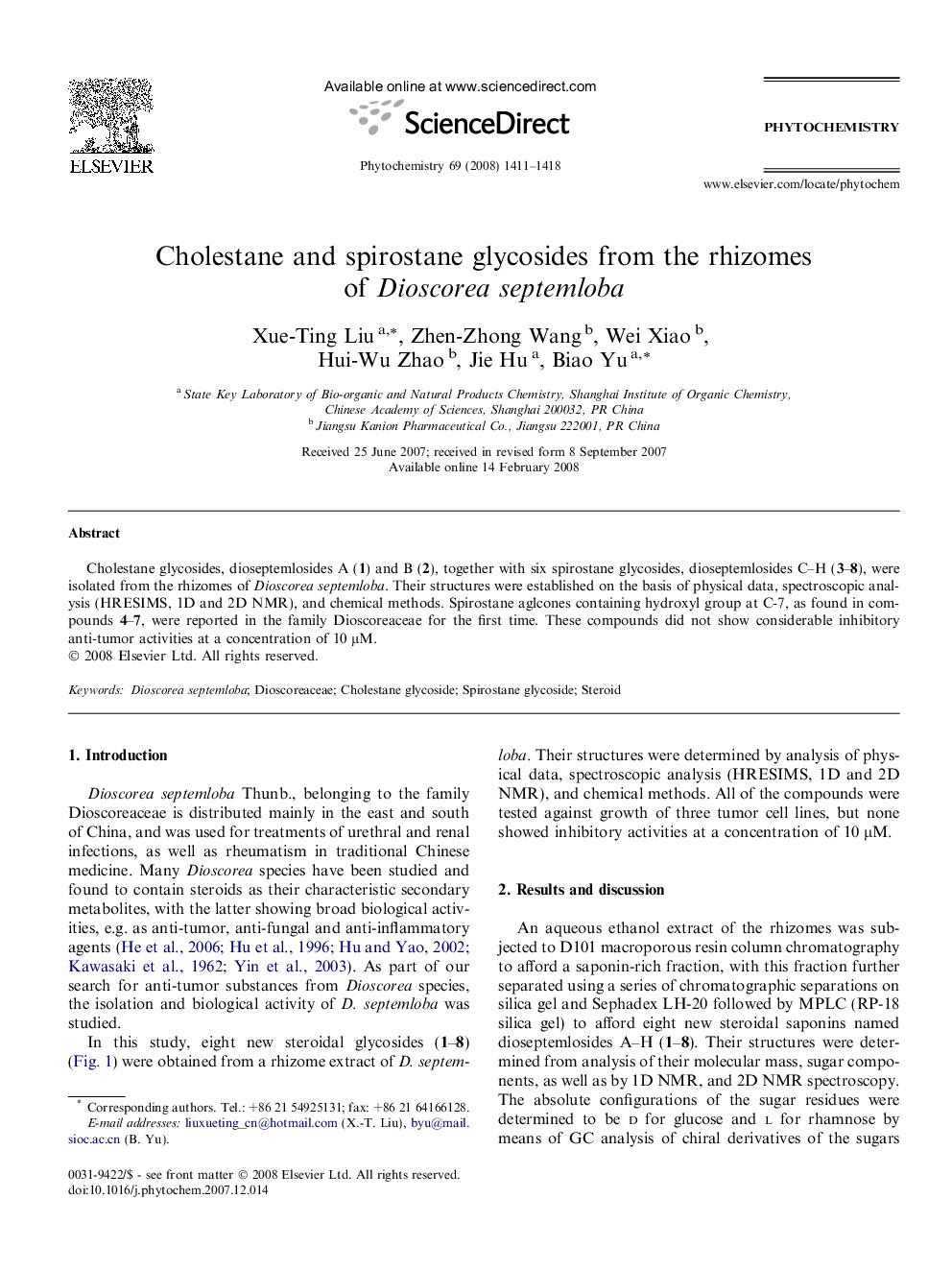 Cholestane and spirostane glycosides from the rhizomes of Dioscorea septemloba