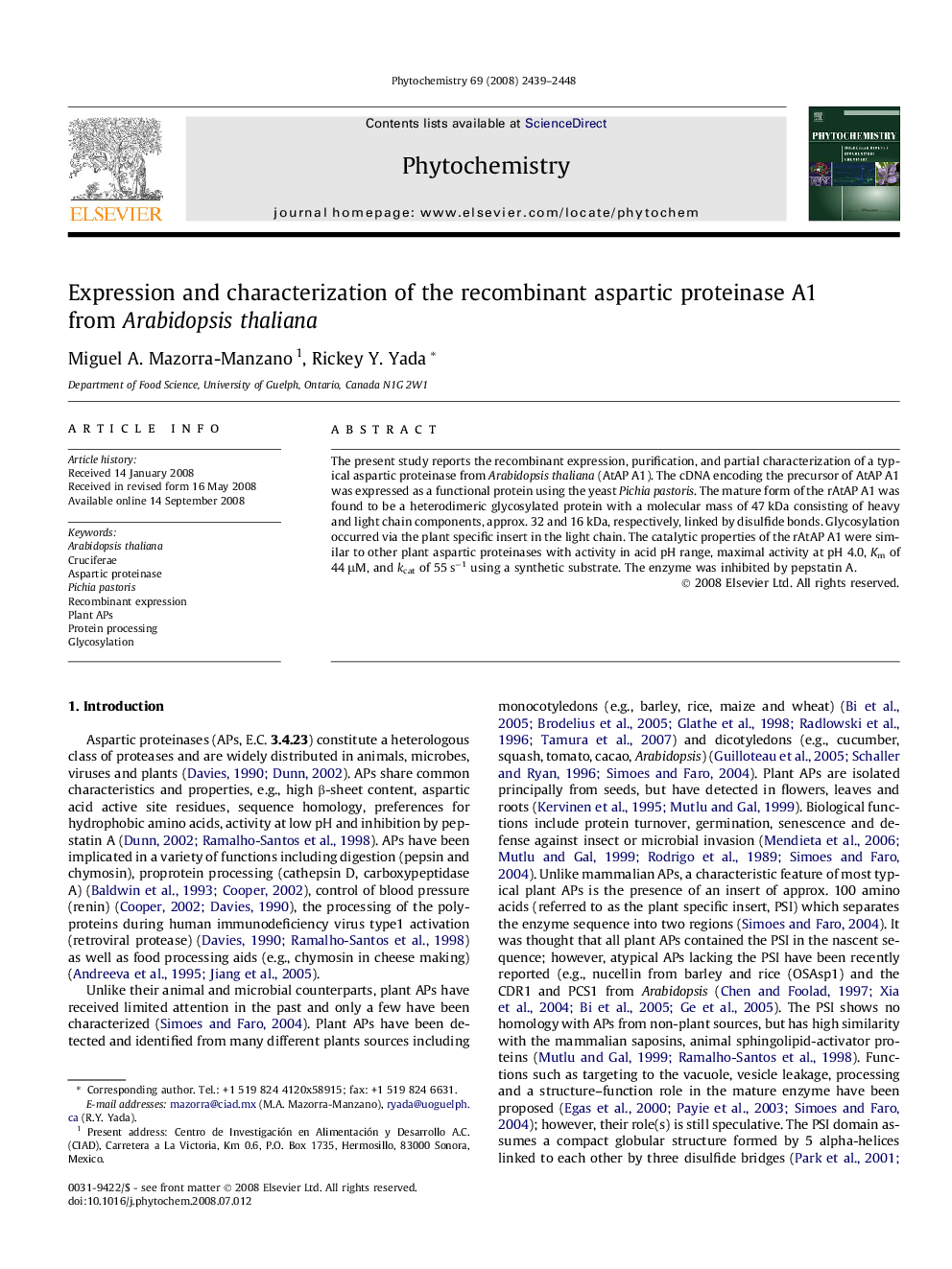 Expression and characterization of the recombinant aspartic proteinase A1 from Arabidopsis thaliana