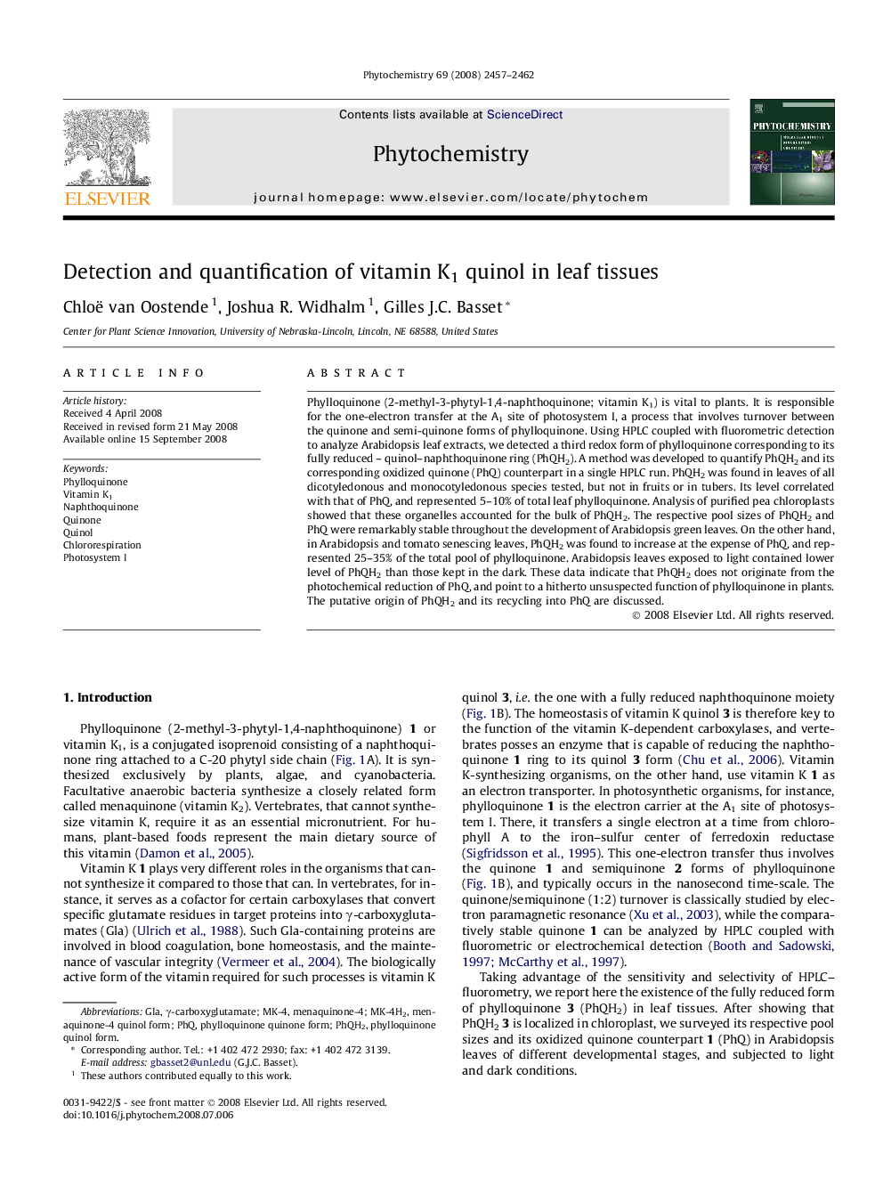 Detection and quantification of vitamin K1 quinol in leaf tissues