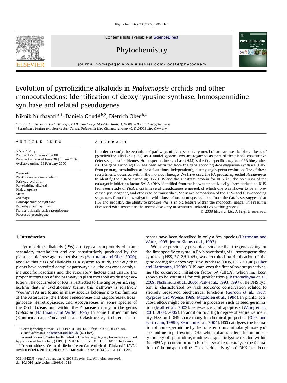 Evolution of pyrrolizidine alkaloids in Phalaenopsis orchids and other monocotyledons: Identification of deoxyhypusine synthase, homospermidine synthase and related pseudogenes