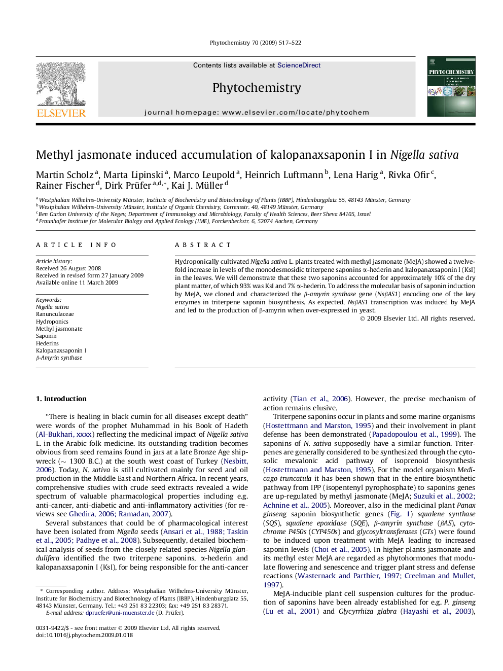 Methyl jasmonate induced accumulation of kalopanaxsaponin I in Nigella sativa