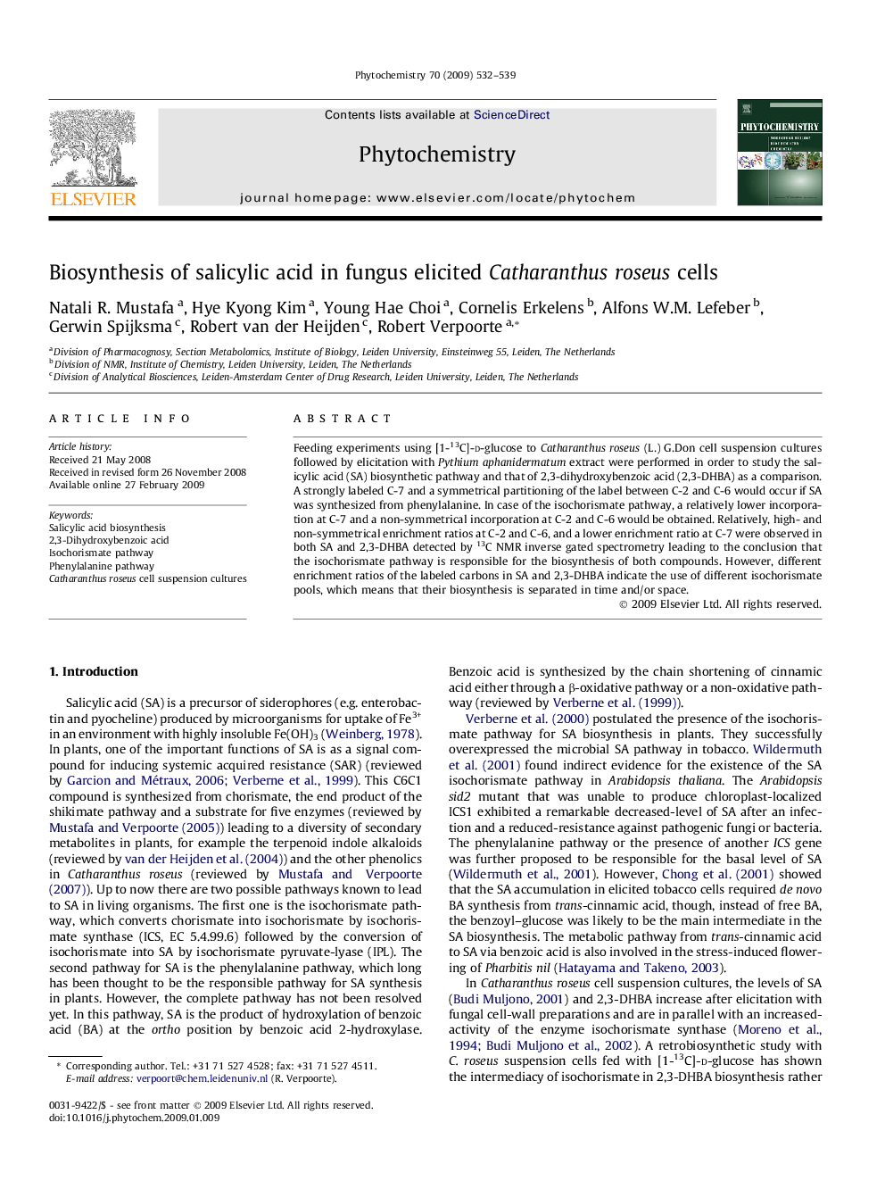 Biosynthesis of salicylic acid in fungus elicited Catharanthus roseus cells