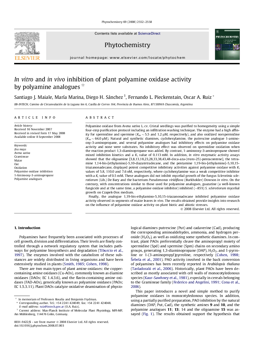 In vitro and in vivo inhibition of plant polyamine oxidase activity by polyamine analogues