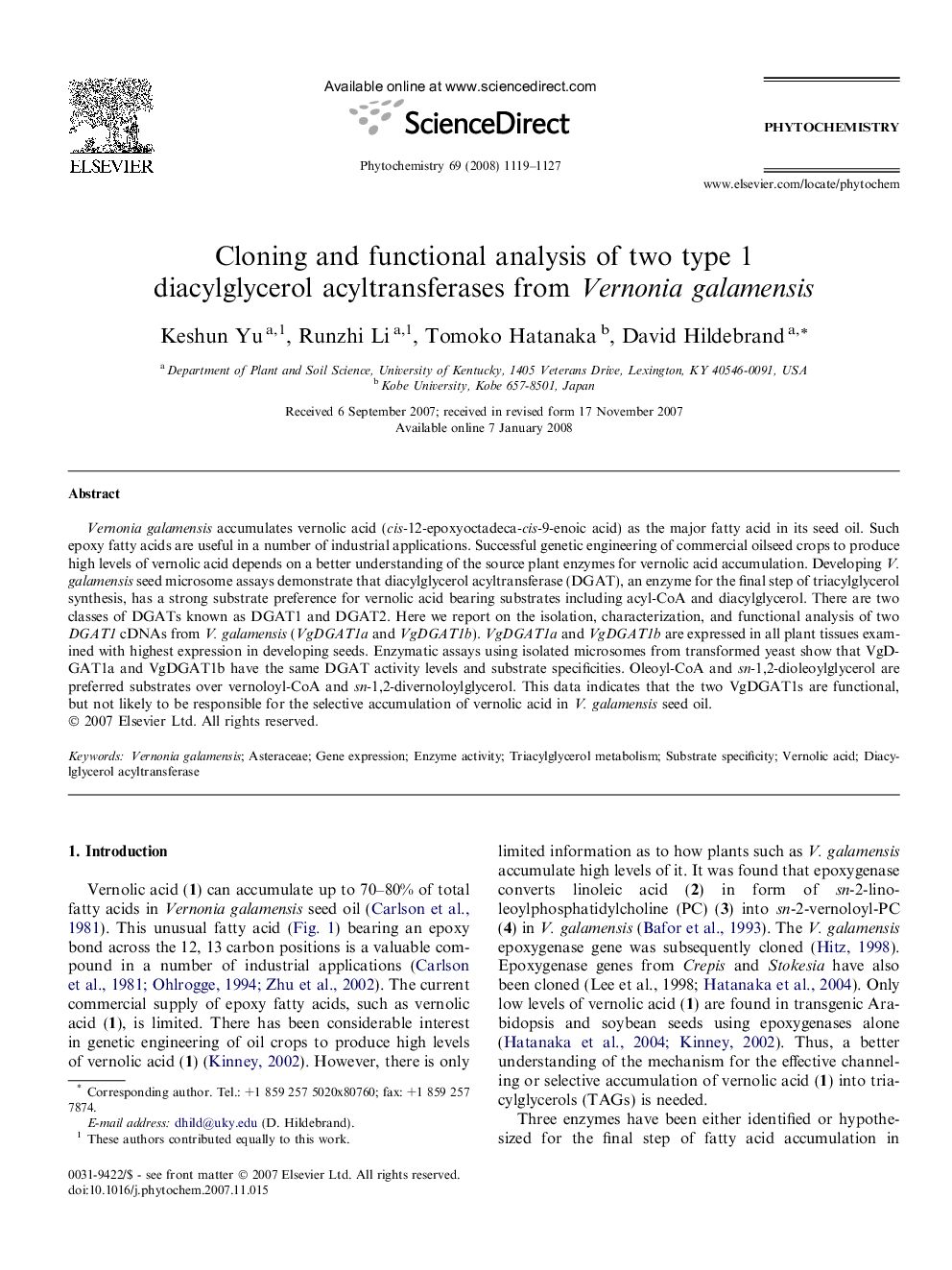 Cloning and functional analysis of two type 1 diacylglycerol acyltransferases from Vernonia galamensis